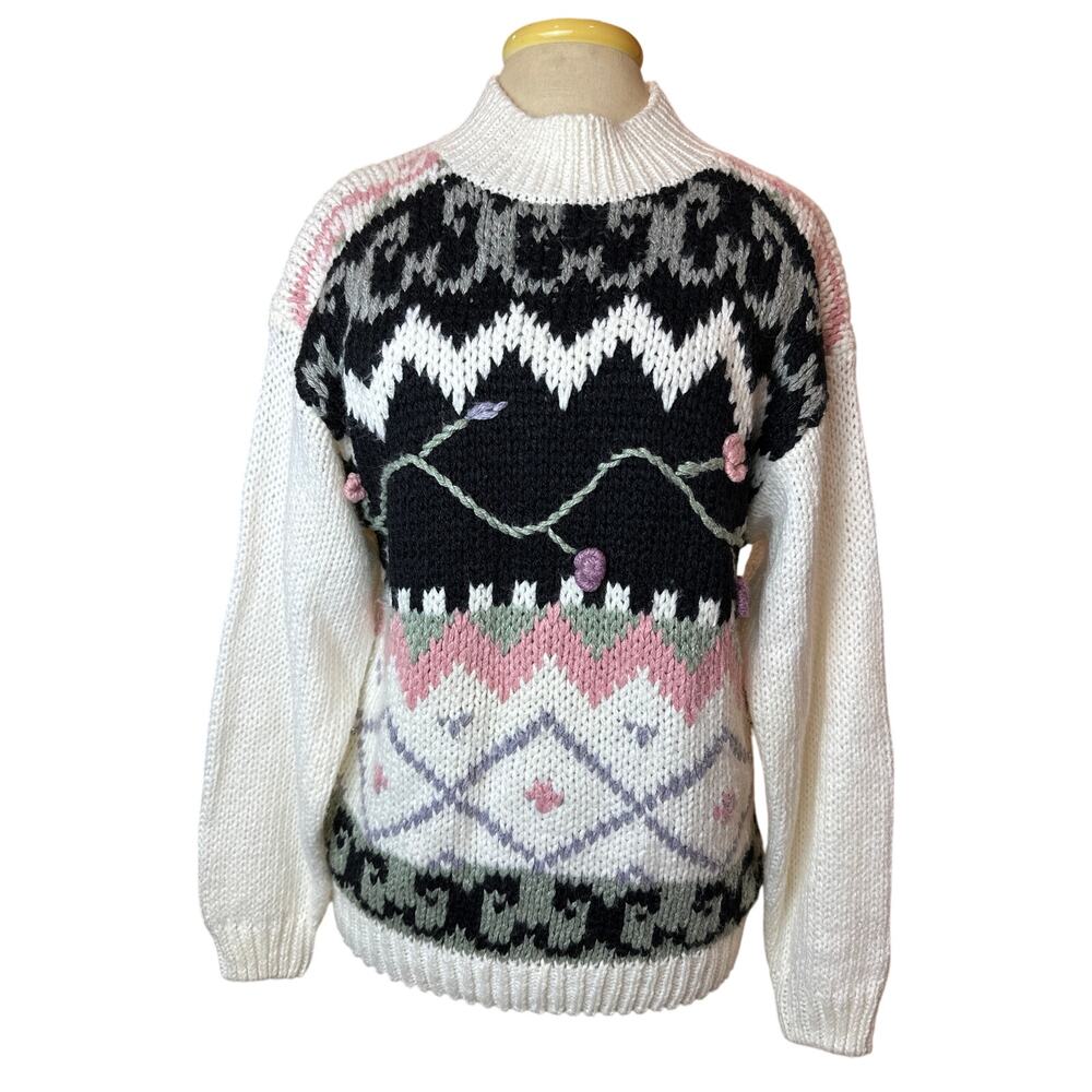 In Charge Cottagecore Sweater Women's Large Black Ivory Chunky Knit Long Sleeve